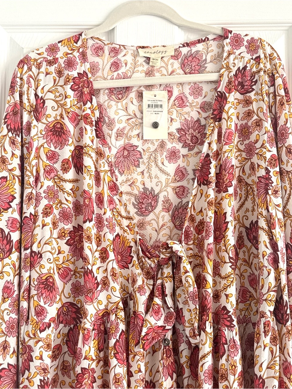 Aveology Salma Boho Tie-Front Floral Tunic in Cream, Pink & Yellow 18/20 - Picture 6 of 9